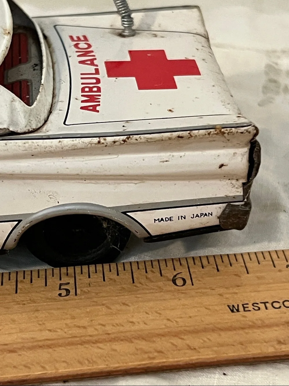 Vintage Ichiko Japan Tinplate Friction Cadillac Fleetwood Ambulance 1950s Toy
